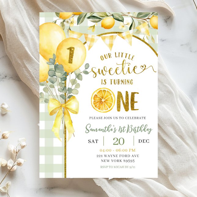 Lemon Gingham 1st birthday invitation Inbjudningar (Skapare uppladdad)