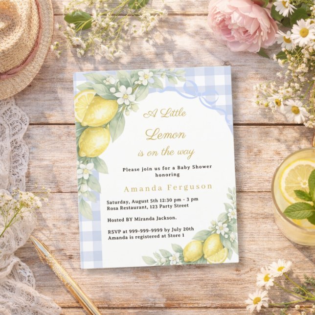 Lemon gingham blue bow boy Baby Shower invitation (Skapare uppladdad)