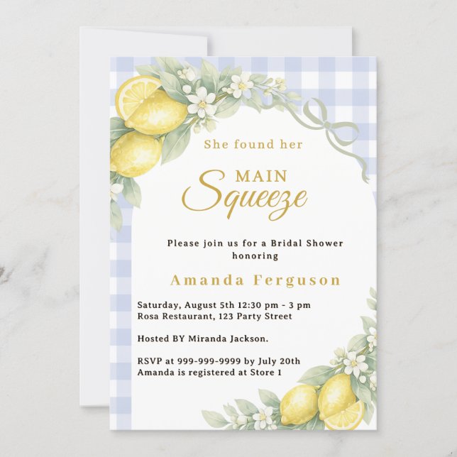 Lemon gingham blue main squeeze bow Bridal Shower Inbjudningar (Framsida)