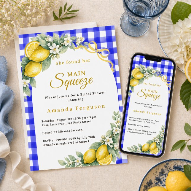 Lemon gingham blue main squeeze bow Bridal Shower Inbjudningar (Skapare uppladdad)