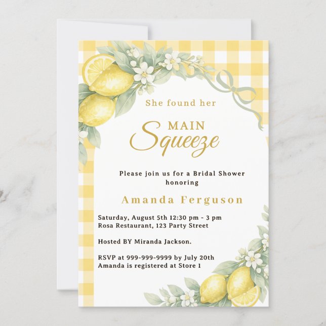 Lemon gingham main squeeze bow Bridal Shower Inbjudningar (Framsida)