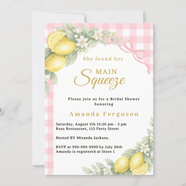 Lemon gingham pink main squeeze bow Bridal Shower Inbjudningar (Framsida)