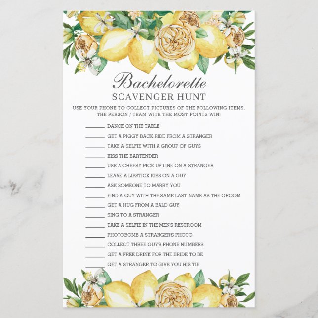 Lemon Greenery Bachelorette Scavenger Hunt Game (Framsida)