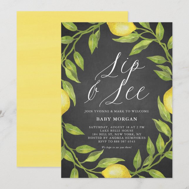 Lemon Greenery Chalkboard Sip & See Baby Shower Inbjudningar (Fram/baksida)