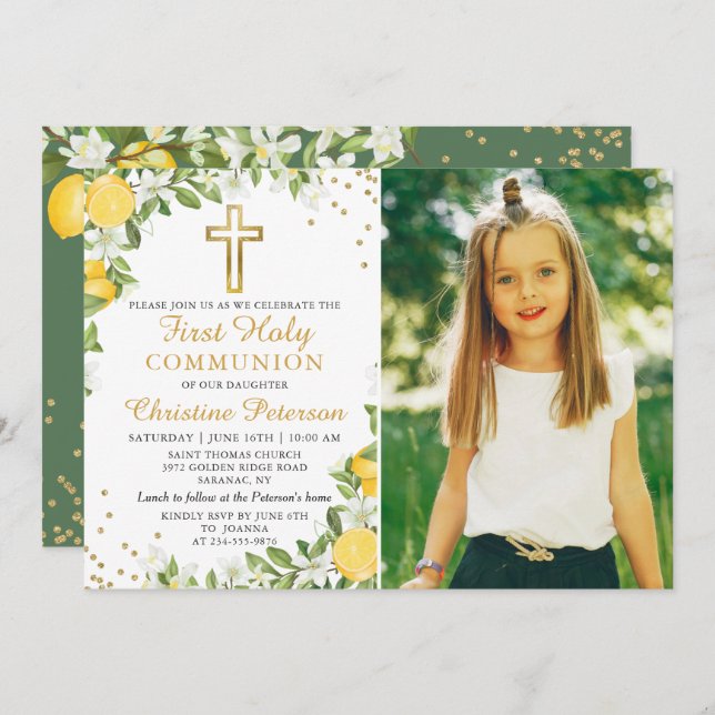 Lemon Greenery Guld Glitter First Communion Photo Inbjudningar (Fram/baksida)