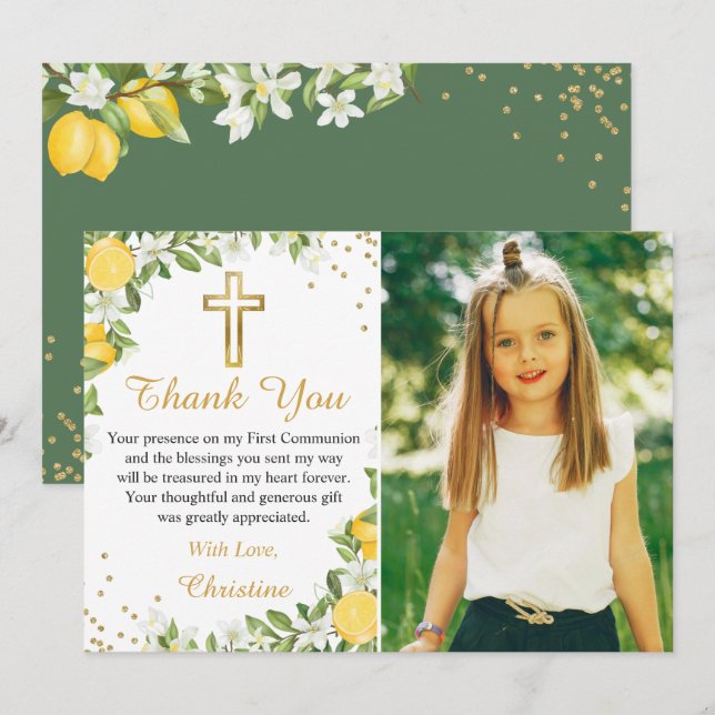 Lemon Greenery Guld Kor First Communion Photo Tack Kort (Fram/baksida)