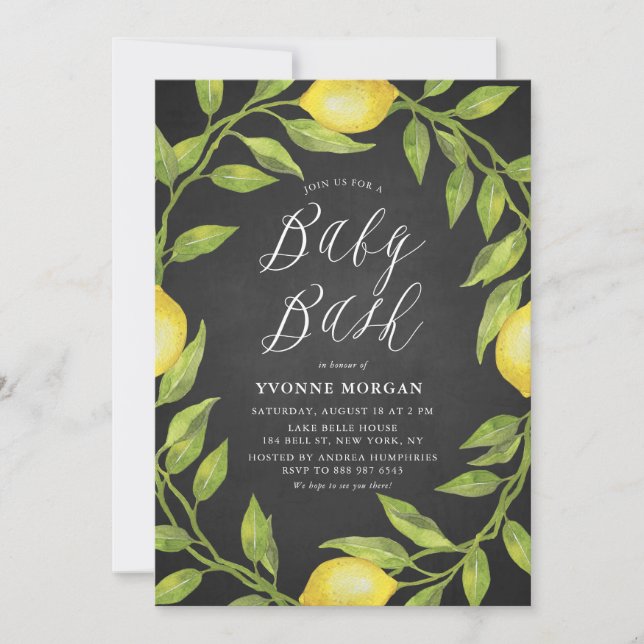 Lemon Greenery Wand Chalkboard Baby Shower Bash Inbjudningar (Framsida)