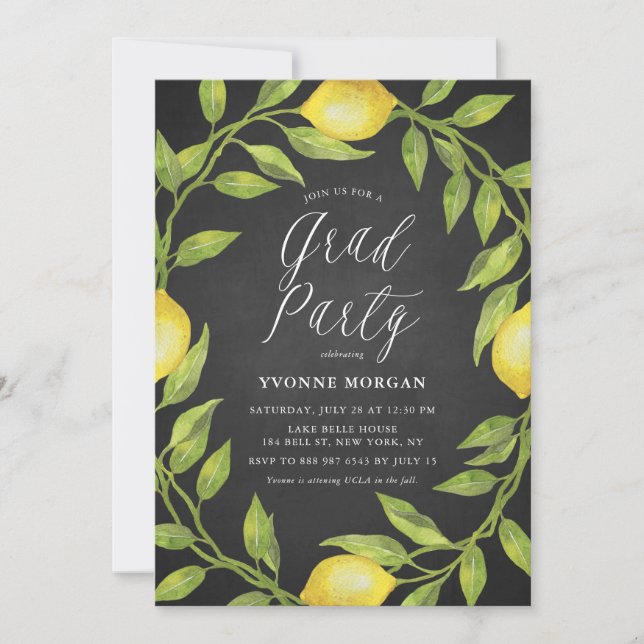 Lemon Greenery Wandery Rustic Chalkboard Studenten Inbjudningar (Framsida)