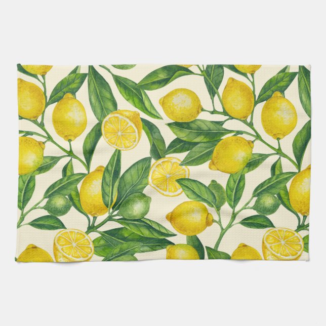 Lemon grenar i grönt och gult kökshandduk (Horisontell)