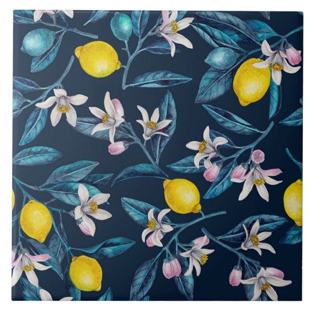 Lemon grenar med blommar och frukt i blått kakelplatta (Framsidan)