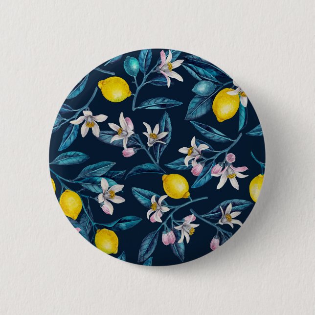 Lemon grenar med blommar och frukt i blått knapp (Framsida)