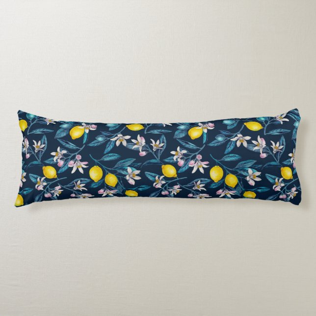 Lemon grenar med blommar och frukt i blått kroppskudde (Framsidan)