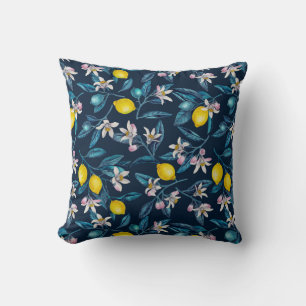 Lemon grenar med blommar och frukt i blått kudde