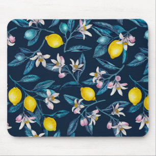Lemon grenar med blommar och frukt i blått musmatta
