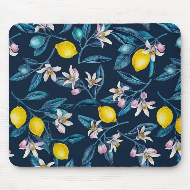 Lemon grenar med blommar och frukt i blått musmatta (Framsidan)