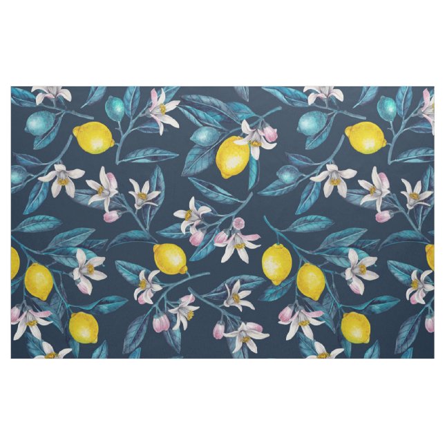 Lemon grenar med blommar och frukt i blått tyg (Fat Quarter)