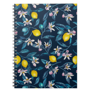 Lemon grenar med blommar och frukt, inte blått anteckningsbok