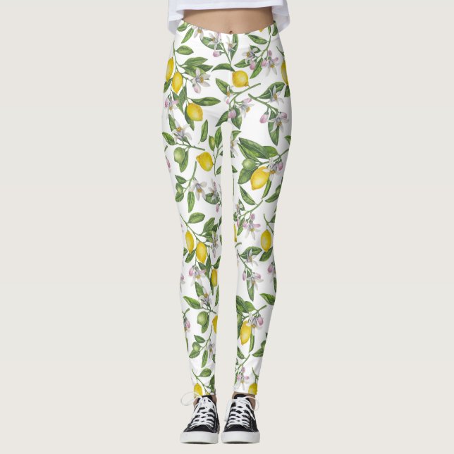 Lemon grenar med blommar och frukt på vitt leggings (Framsida)