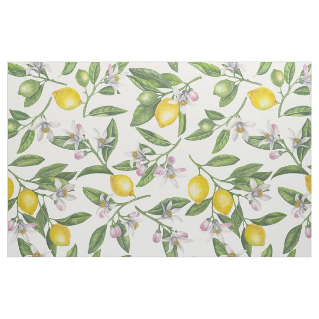 Lemon grenar med blommar och frukt på vitt tyg (Fat Quarter)