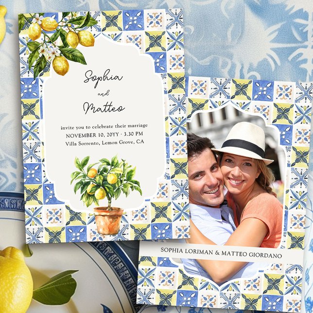 Lemon Grove Blue Gult Italienska Inspired Bröllop Inbjudningar (Wedding Invitation with Photo from the Lemon Grove Wedding Collection by Darling & May)