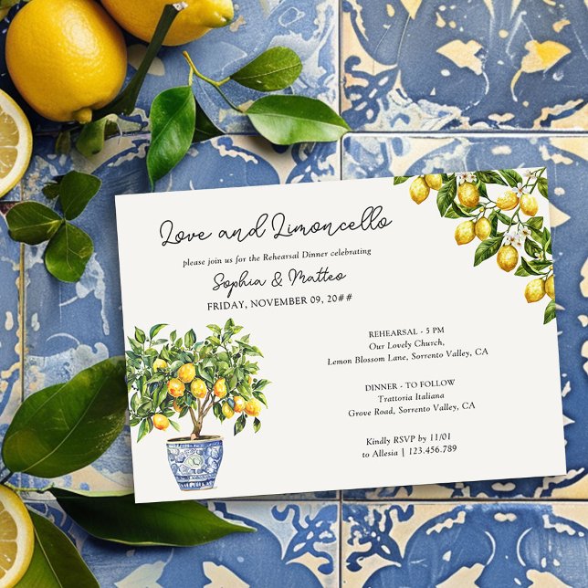 Lemon Grove Kärlek och Limoncello Rehearsal Middag Inbjudningar (Wedding Rehearsal Dinner Invitation from the Lemon Grove Wedding Collection by Darling & May)