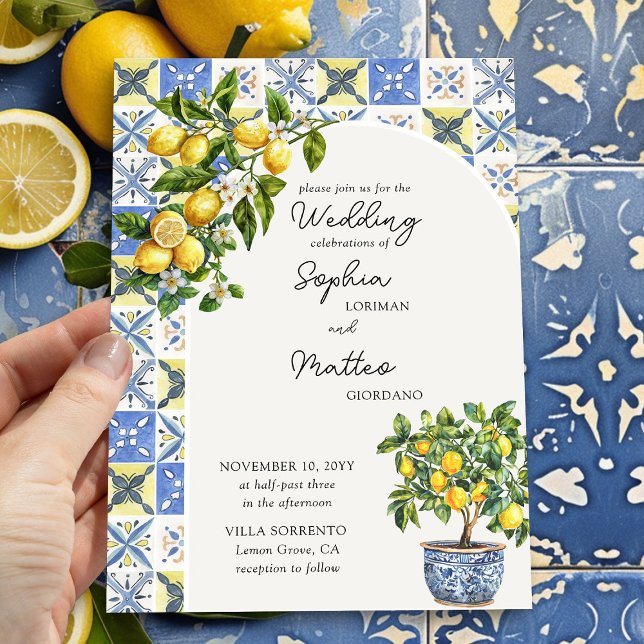 Lemon Grove Rustic Mediterranean Arch Bröllop Inbjudningar (Arch Wedding Invitation from the Lemon Grove Wedding Collection by Darling & May)