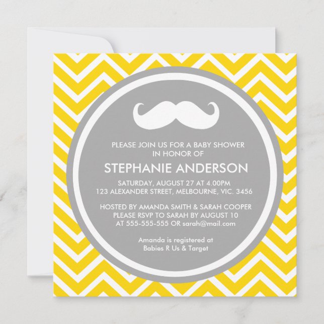 Lemon guld grått chevron mustasch pojke dusch inbjudningar (Framsida)