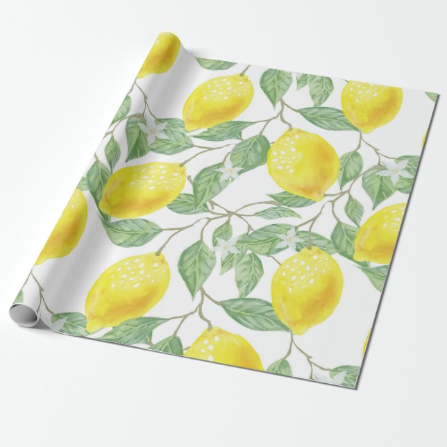 Lemon Gult Löv Grönt Mönster Presentpapper (Utrullad)