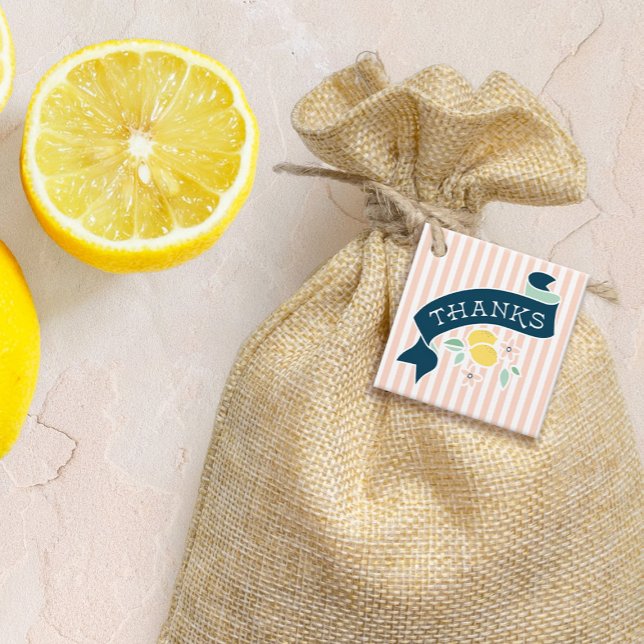 Lemon Gult och Rosa Rand Cute Baby Shower Gåvor Etiketter (Cute Lemon Yellow Botanical Bold Baby Shower square tag)