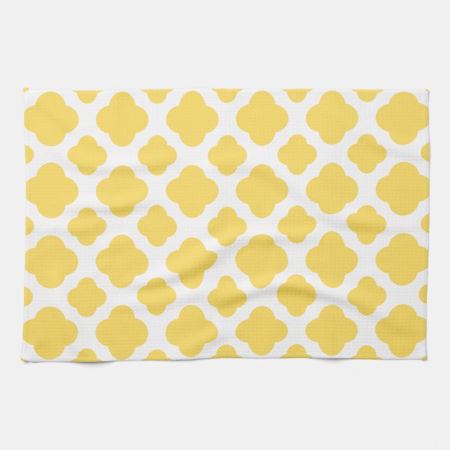 Lemon Gult och White Quatrefoil Mönster Kökshandduk (Horisontell)