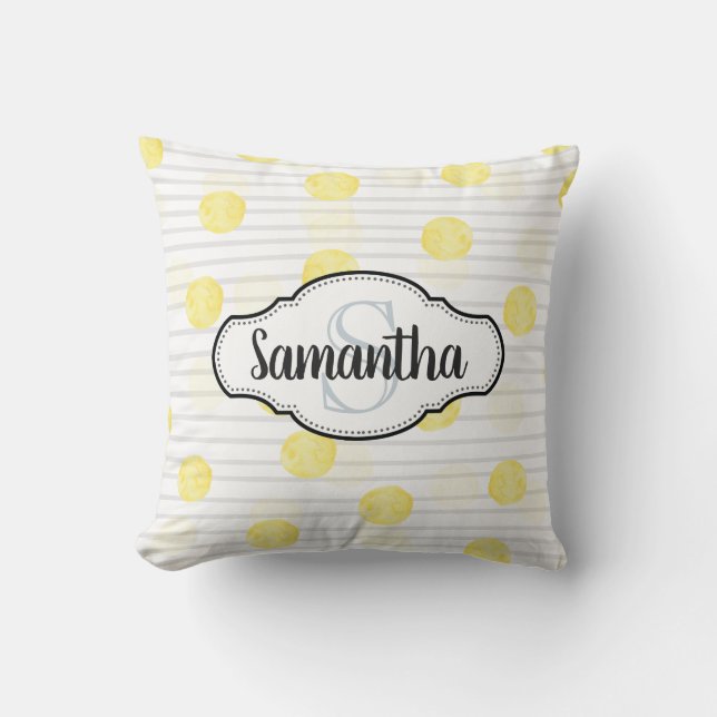 Lemon Gult Polka Dot och Rand Monogrammed Kudde (Framsida)