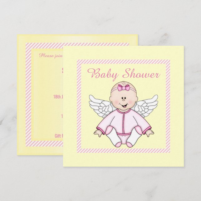 LEMON GULT ROSA RAND ANGEL BABY SHOWER INBJUDNINGAR (Fram/baksida)