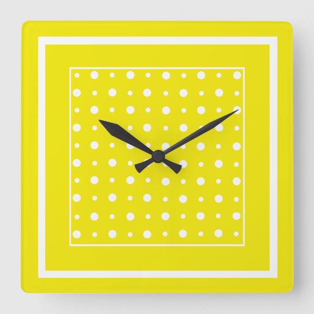 Lemon Gult Wall Clock, White Polka dots Fyrkantig Klocka (Framsida)