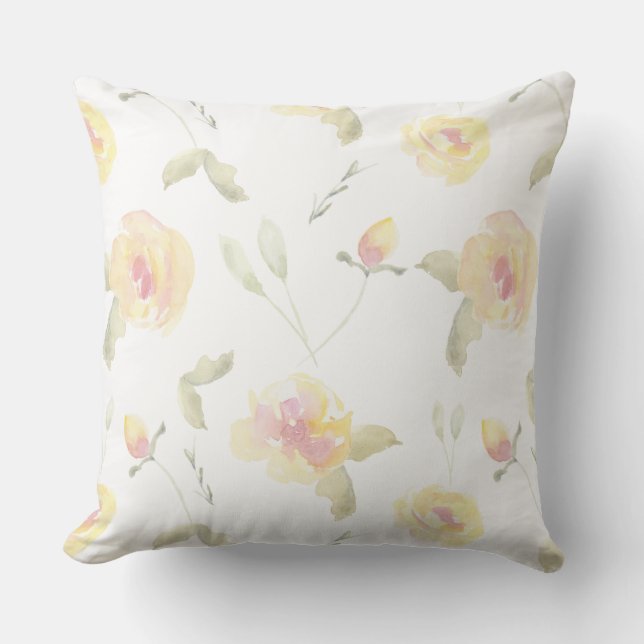 Lemon Gult Watercolor Flowers Utomhuskudde (Framsida)