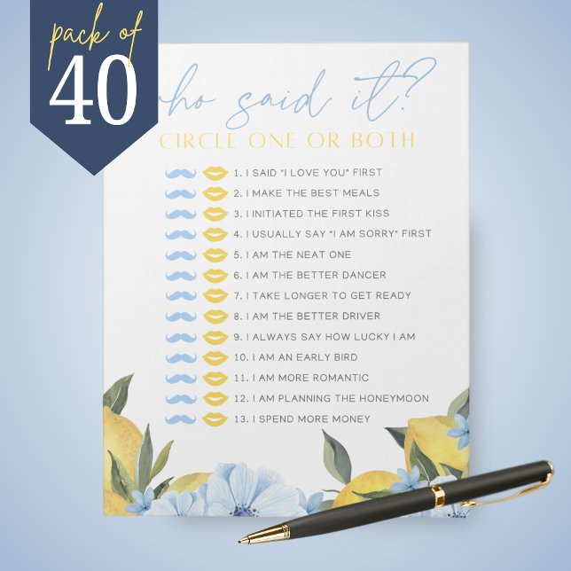 Lemon He Said She Said Shower Game Pack Anteckningsblock (Main Squeeze Lemon and Blue Flower Guess Who Said It Bridal Shower Game Pack of 40 Games)