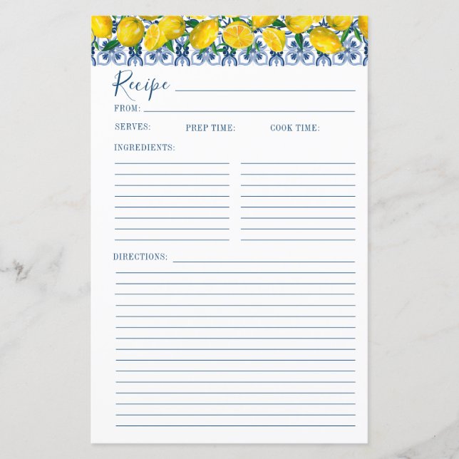 Lemon Italian Blue tile Bridal Shower Recipe Card (Framsida)