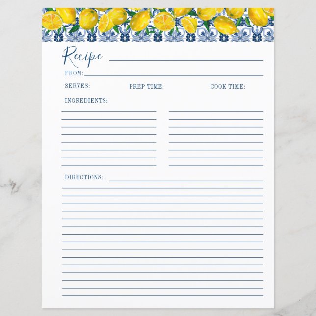 Lemon Italian Blue tile Bridal Shower Recipe Card  (Framsida)