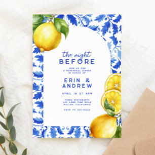 Lemon Italienska Amalfi Blue Tile Rehearsal Dinner Inbjudningar