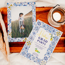 Lemon Italienska blå plattor akvarell examen Inbjudningar