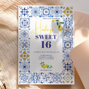 Lemon Italienska blå plattor vattenfärg Söt 16 Inbjudningar
