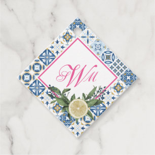 Lemon Italienska Kakel Blå Gul Rosa Monogram Gåvor Etiketter