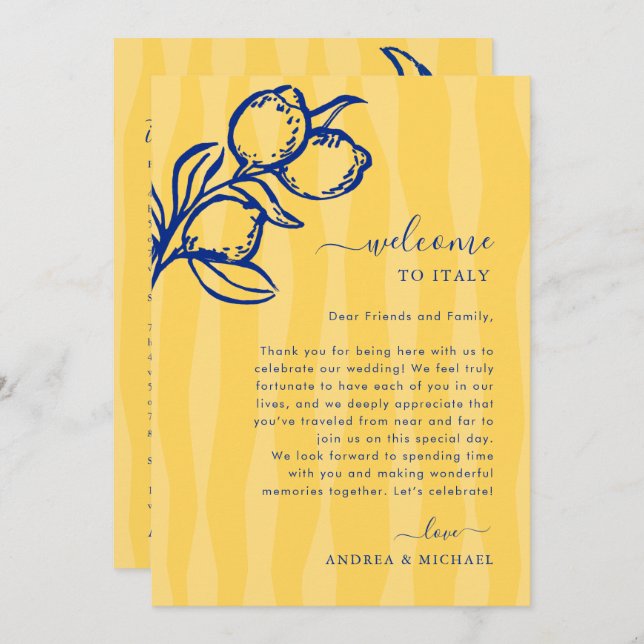 Lemon Italy Wedding Welcome Letter Itinerary Card Inbjudningar (Fram/baksida)