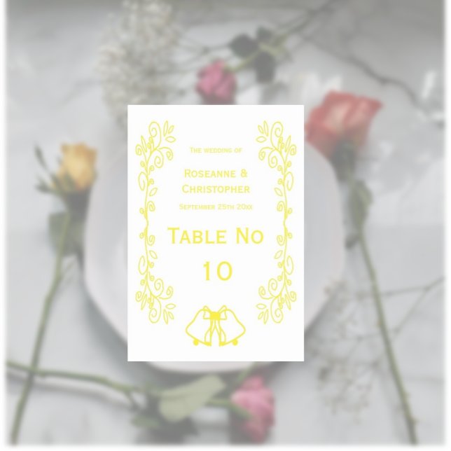 Lemon Klockor Scrollwork Design Bröllop Bordsnummer (Yellow wedding table number bells and scrollwork design)
