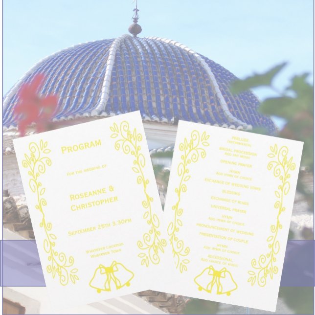 Lemon Klockor Scrollwork Design Bröllop Program (Yellow wedding church program bells and scrollwork design)