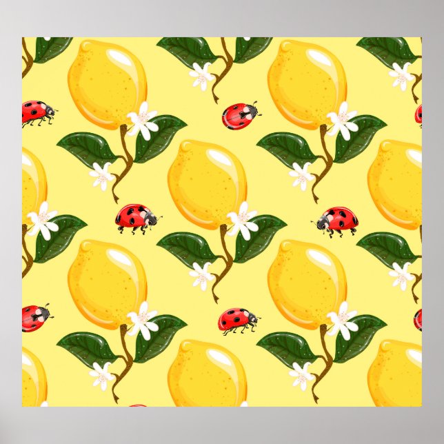 Lemon Ladybug: Tropical Gult Mönster. Poster (Framsidan)