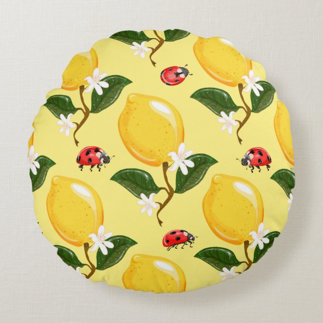Lemon Ladybug: Tropical Gult Mönster. Rund Kudde (Framsidan)