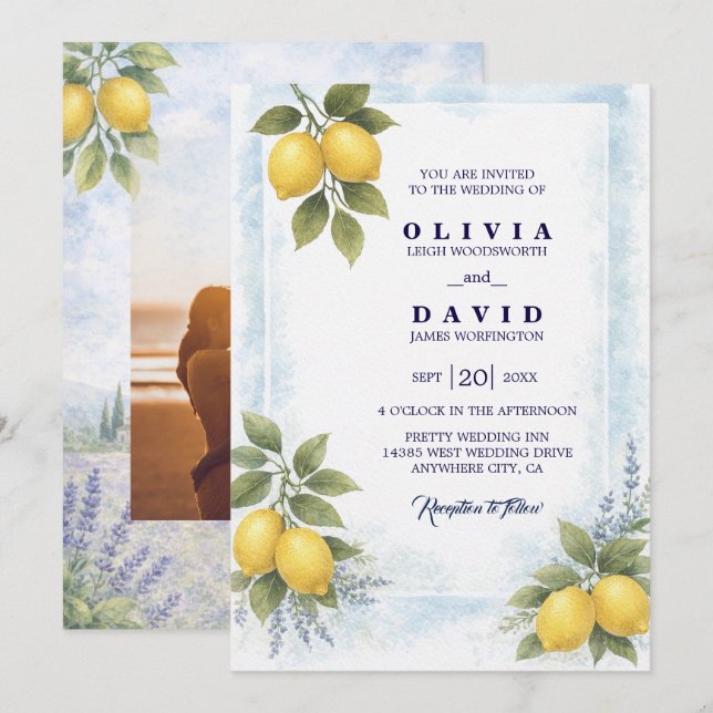Lemon Lavender Mediterranean Wedding Invitation Inbjudningar (Fram/baksida)