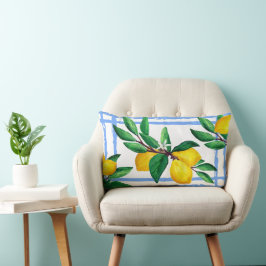 Lemon Leaf Watercolor Kudd | Amalfi Blå Citrus Lumbarkudde