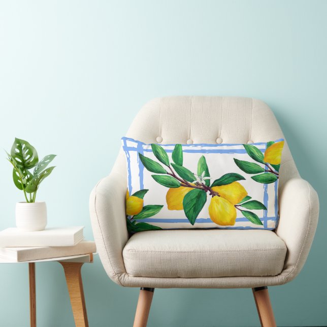 Lemon Leaf Watercolor Kudd | Amalfi Blå Citrus Lumbarkudde (Stol)