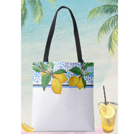 Lemon Leaf Watercolor Tote | Blå Amalfi Citrus Tygkasse